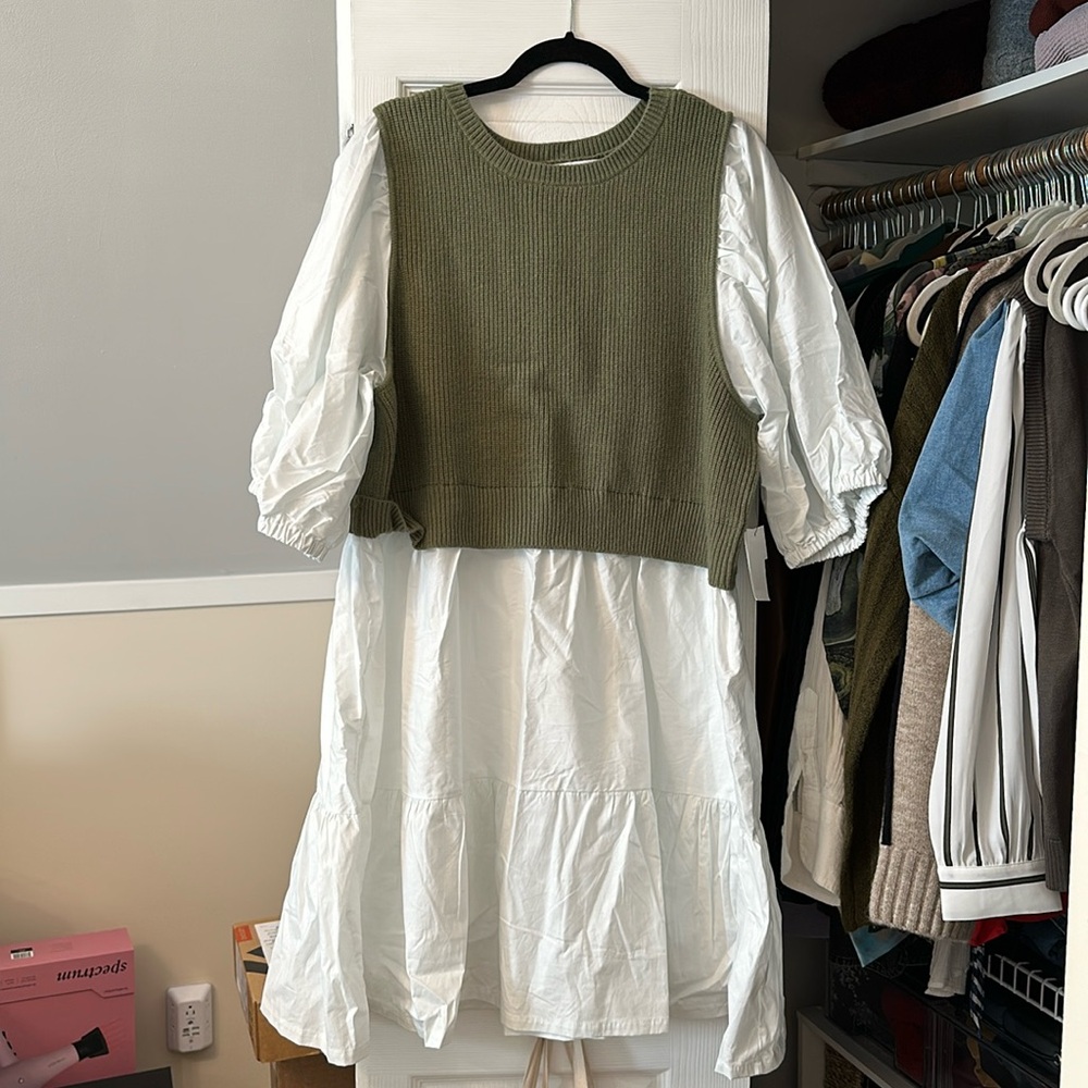 ELOQUII Elements Tie Neck Dress - olive Green & white